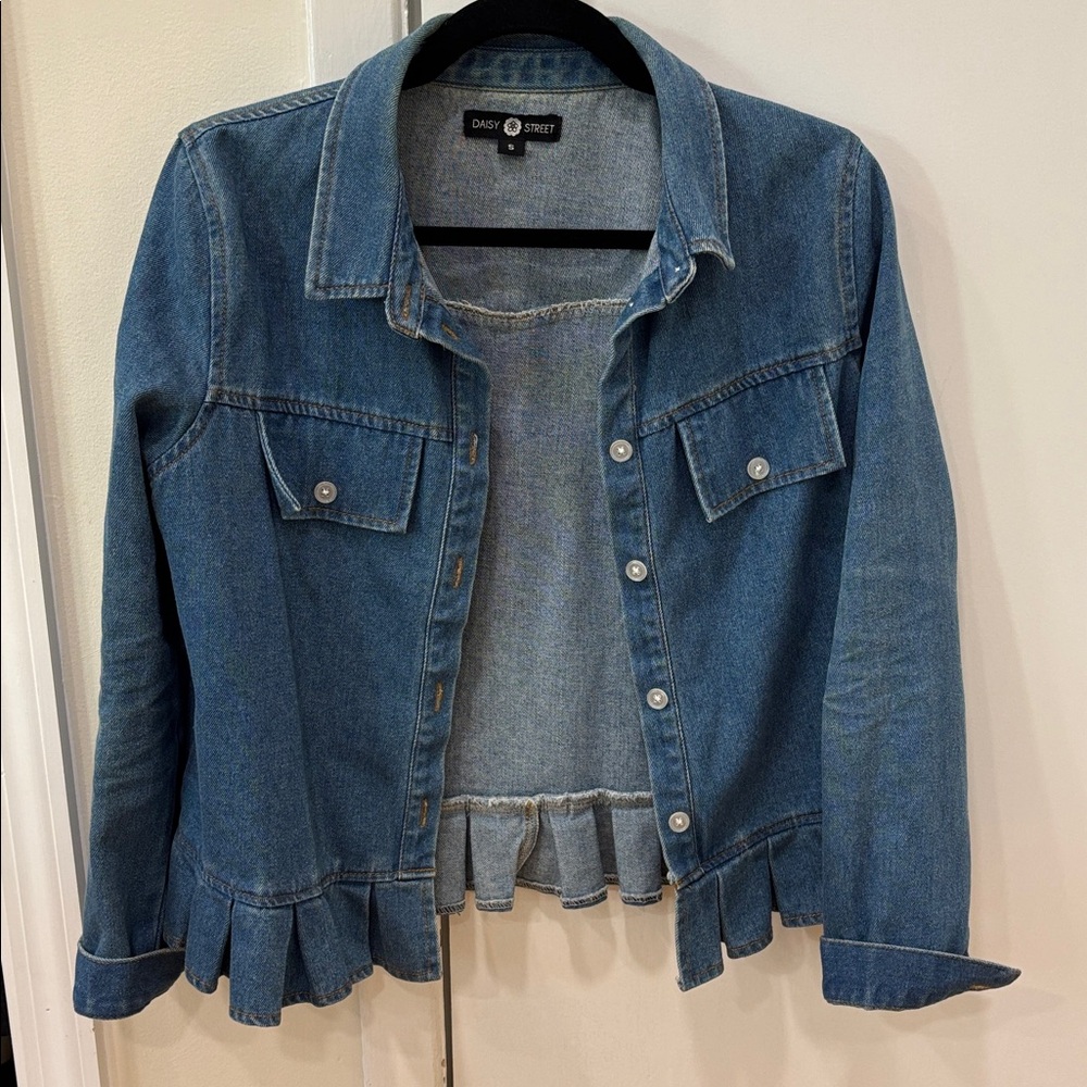 ASOS Blue Jean Denim Jacket with Ruffle Hem size small